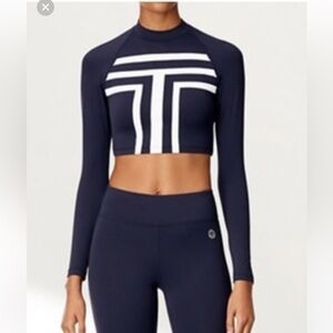 NWT Tory Burch Tory Sport Navy Long Sleeve Cropped Graphic Top Sz. XL